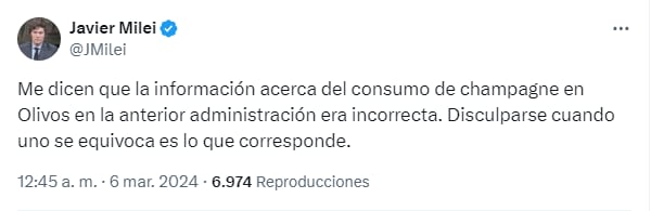 Javier Milei pidió disculpas sobre sus dichos en torno al consumo de champagne por parte de la gestión anterior (Captura: X)