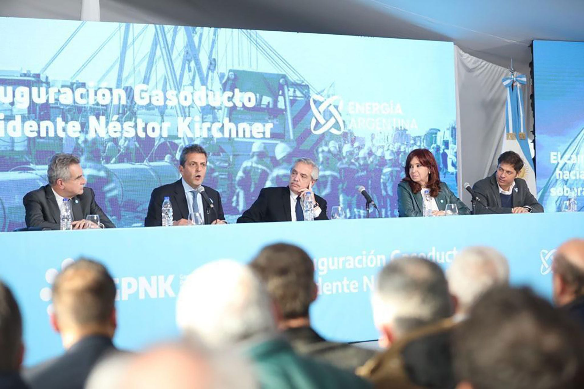 Alberto Fernández, Cristina Kirchner y Sergio Massa en Saliqueló