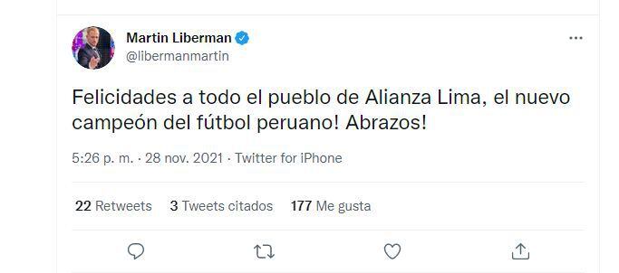 Martin liberman en Twitter tras título de Alianza Lima.