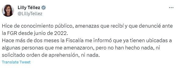 No es la primera vez que la senadora panista es blanco de mensajes agresivos que atentan contra su seguridad 
Foto: Twitter @LillyTellez