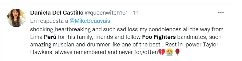 Daniela del Castillo commented on the death of drummer Taylor Hawkins, from Foo Fighters