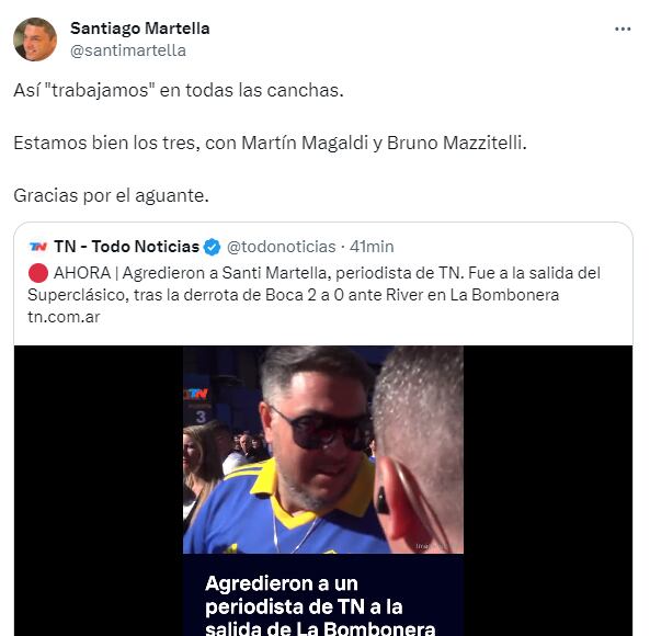 El tuit de Santiago Martella tras la agresión