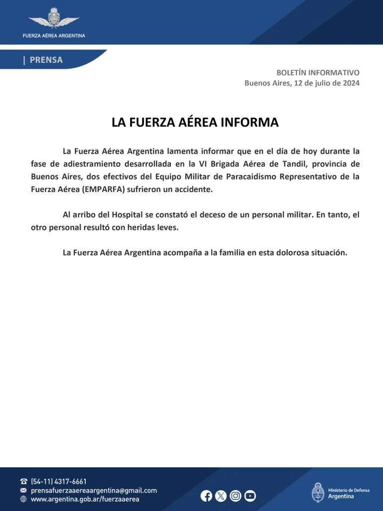 Murió un capitán de la Fuerza Aérea durante un entrenamiento: no llegó a abrir su paracaídas 