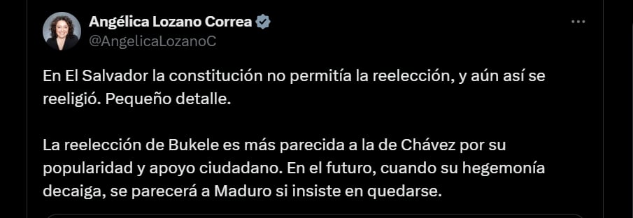 Senadora Angélica Lozano envía mensaje a Nayib Bukele - crédito @AngelicaLozanoC