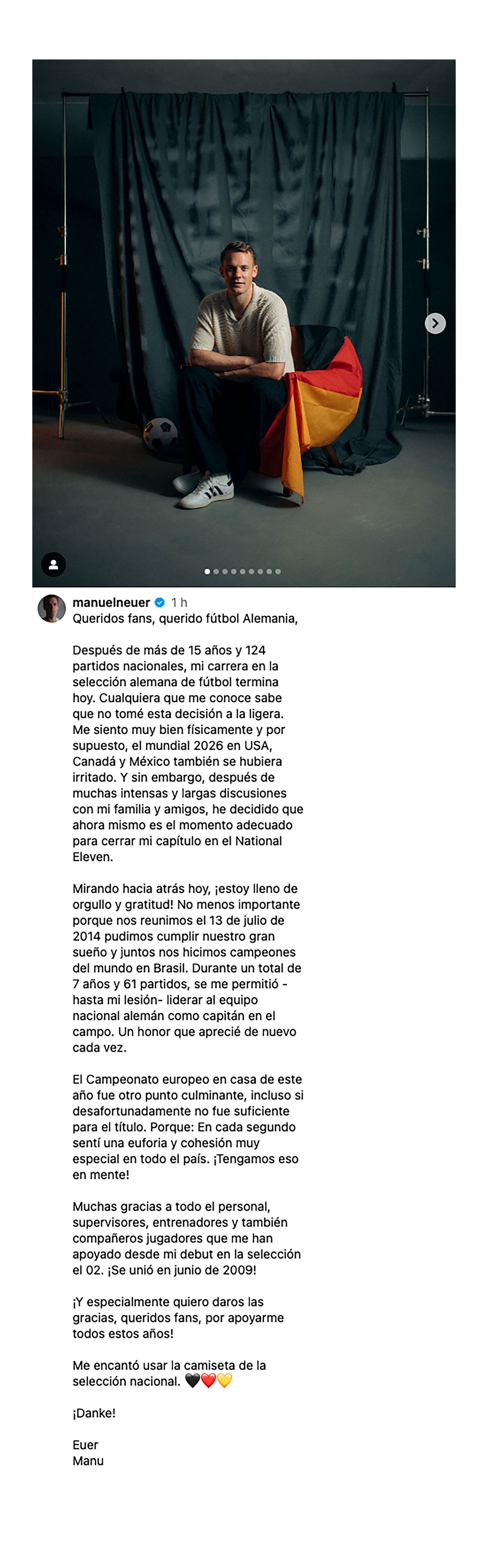 Manuel Neuer anunció su retiro de la selección alemana mediante un comunicado en las redes sociales (Instagram @manuelneuer)