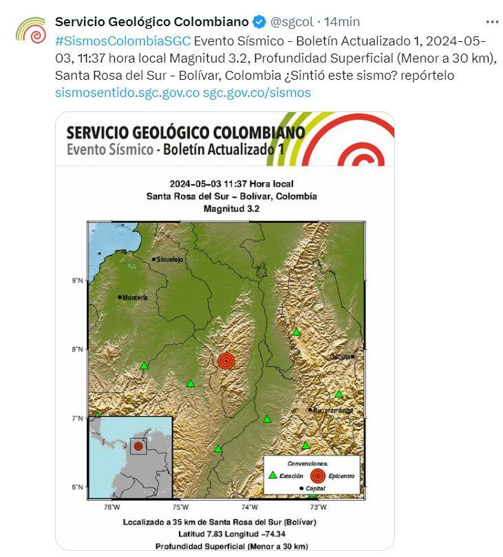 Dos sismos se han reportado esta mañana en el Caribe colombiano @sgcol/X