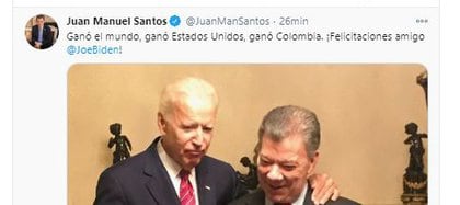 Former Colombian President Juan Manuel Santos reacts to the US results.