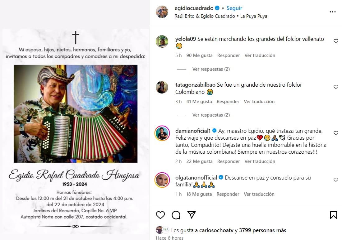 Egidio Cuadrado sorprendió a sus seguidores invitando a sus honras fúnebres con un mensaje aparentemente escrito por él - crédito @egidiocuadrado/Instagram