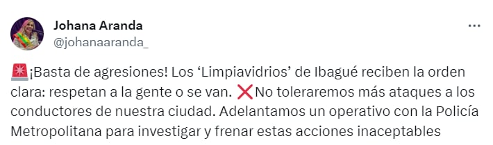 La queja de la alcaldesa de Johana Aranda por cuenta de los limpiavidrios - crédito @johanaaranda_/X