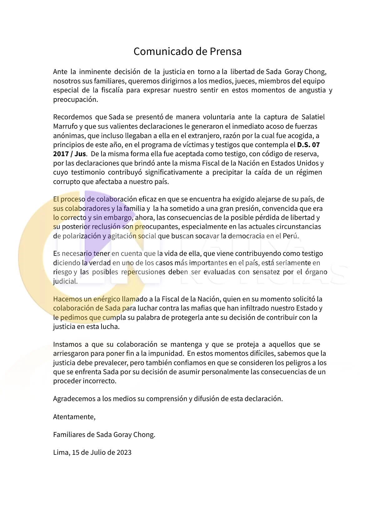 Comunicado de familia de Sada Goray