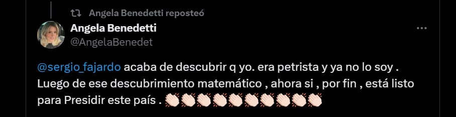 La hermana del embajador respondió de manera sarcástica a publicación de Sergio Fajardo - crédito @AngelaBenedet/X