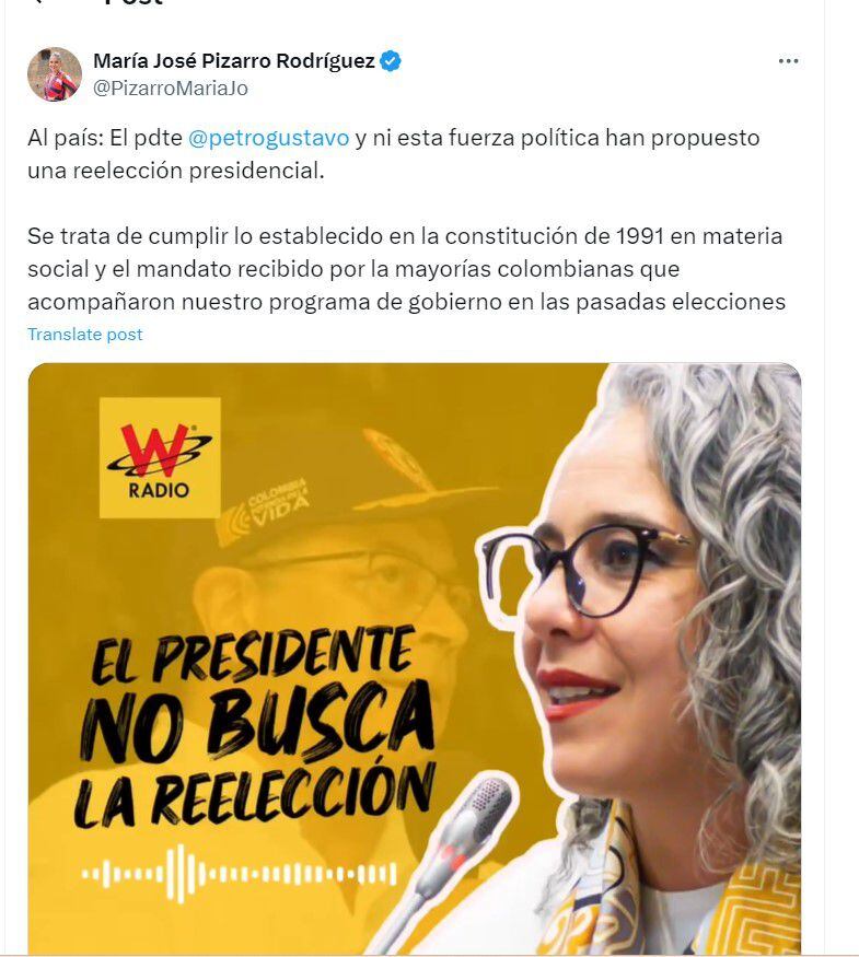 María José Pizarro dijo que el Pacto Histórico no propuso una reelección para el presidente Gustavo Petro - crédito @PizarroMariaJo