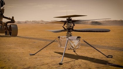 En esta ilustración, el helicóptero Ingenuity Mars de la NASA se encuentra en la superficie del Planeta Rojo con el rover Perseverance de la NASA. NASA/JPL-CALTECH
