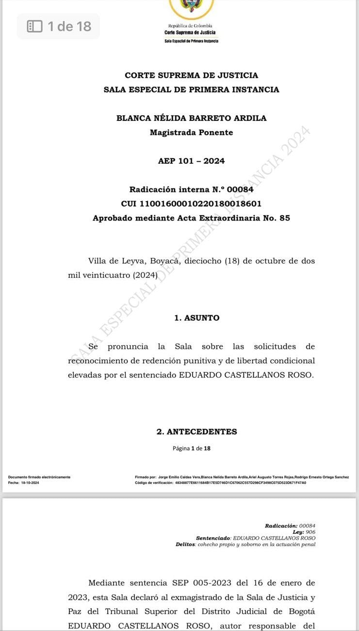 La Corte Suprema de Justicia negó la solicitud de libertad condicional a Eduardo Castellanos Roso, exmagistrado del Tribunal de Justicia y Paz - crédito Corte Suprema de Justicia