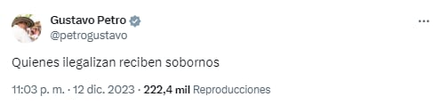 El presidente Gustavo Petro envió un duro mensaje a quienes votaron en contra del proyecto de ley para legalizar el mercado de cannabis recreativo - crédito @petrogustavo/X