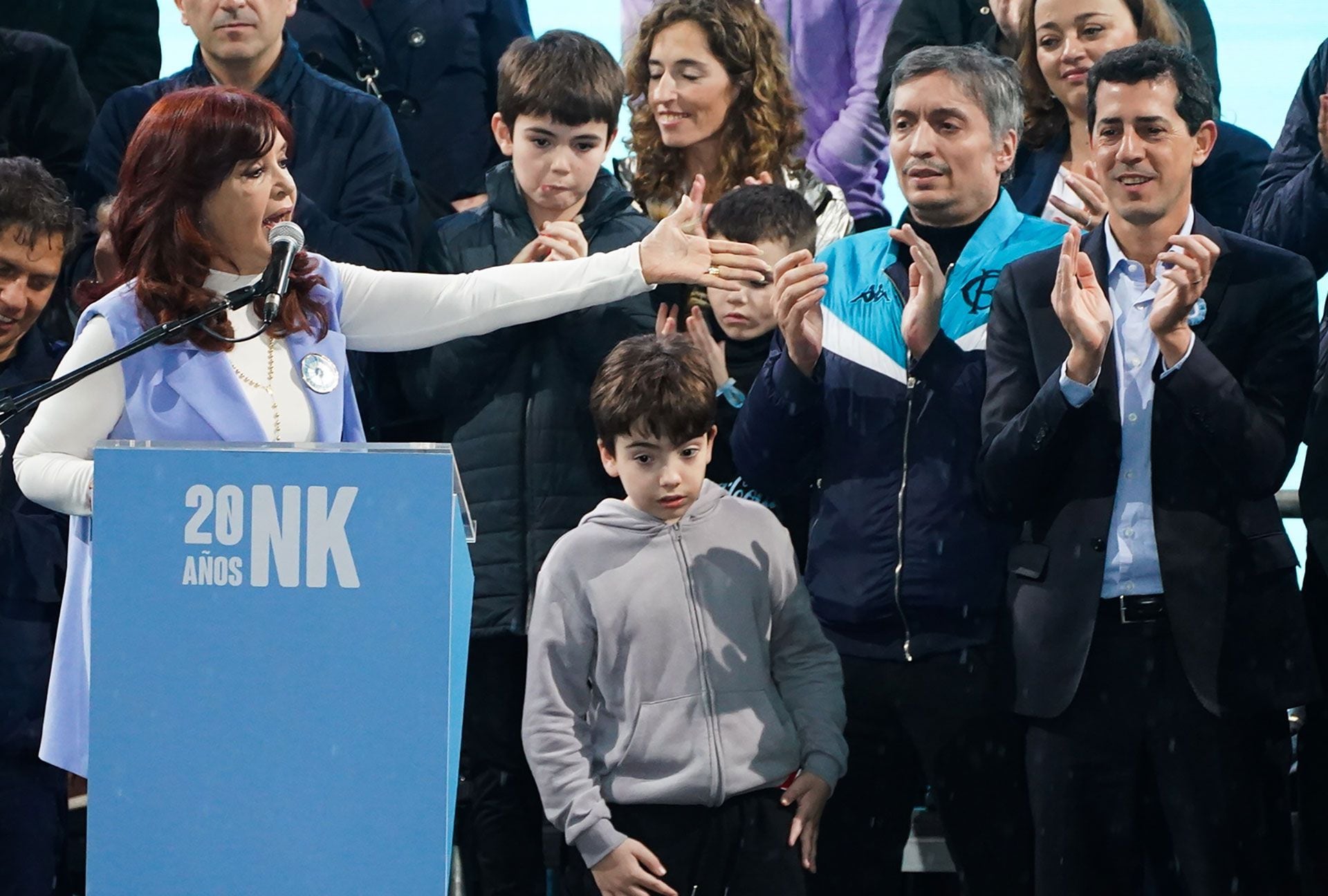 Cristina Kirchner junto a su hijo Máximo y "Wado" De Pedro, otro referente de La Cámpora (Franco Fafasuli)