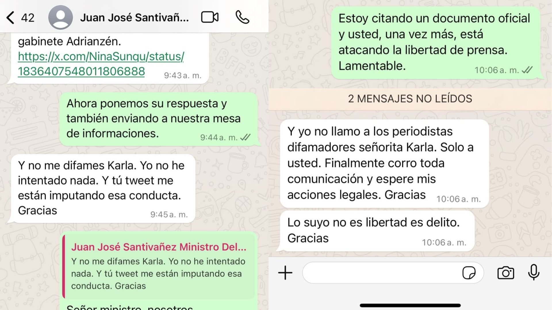 Conversación entre el ministro del Interior y la periodista. | Karla Ramírez