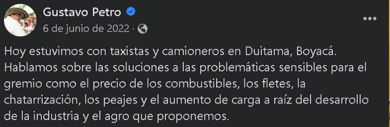 Cuando Gustavo Petro estaba en campaña presidencial, se reunió con el gremio de taxis y camioneros para prometerles varias cosas que en la actualidad no se han visto reflejadas. Twitter/@petrogustavo