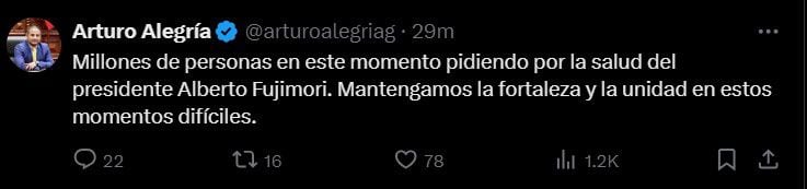 Congresista de Fuerza Popular hace un llamado a la unidad por Alberto Fujimori. (Fuente: X/ @arturoalegriag)