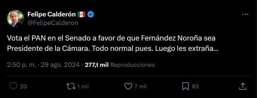 Mensaje de Calderón sobre el sentido del voto del PAN (Foto: X/@FelipeCalderon)