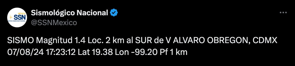 Se reportó sismo de 1.4 de magnitud en la alcaldía Álvaro Obregón en la Ciudad de México (X/@SSNMexico)