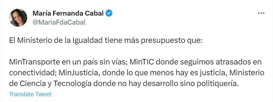 María Fernanda Cabal arremetió contra el presupuesto del Ministerio de Igualdad y Equidad de Colombia. Twitter @MariaFdaCabal