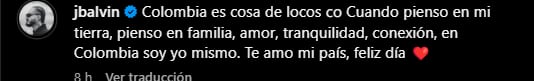 J Balvin se refirió al Día de la Independencia de Colombia - crédito @Jbalvin/Instagram