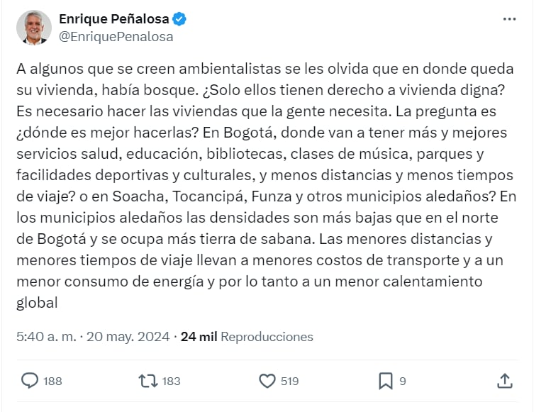 La reserva Van der Hammen en Bogotá impide la construcción de nuevas viviendas en la capital, según expresó Peñalosa - crédito @EnriquePanaloza/X