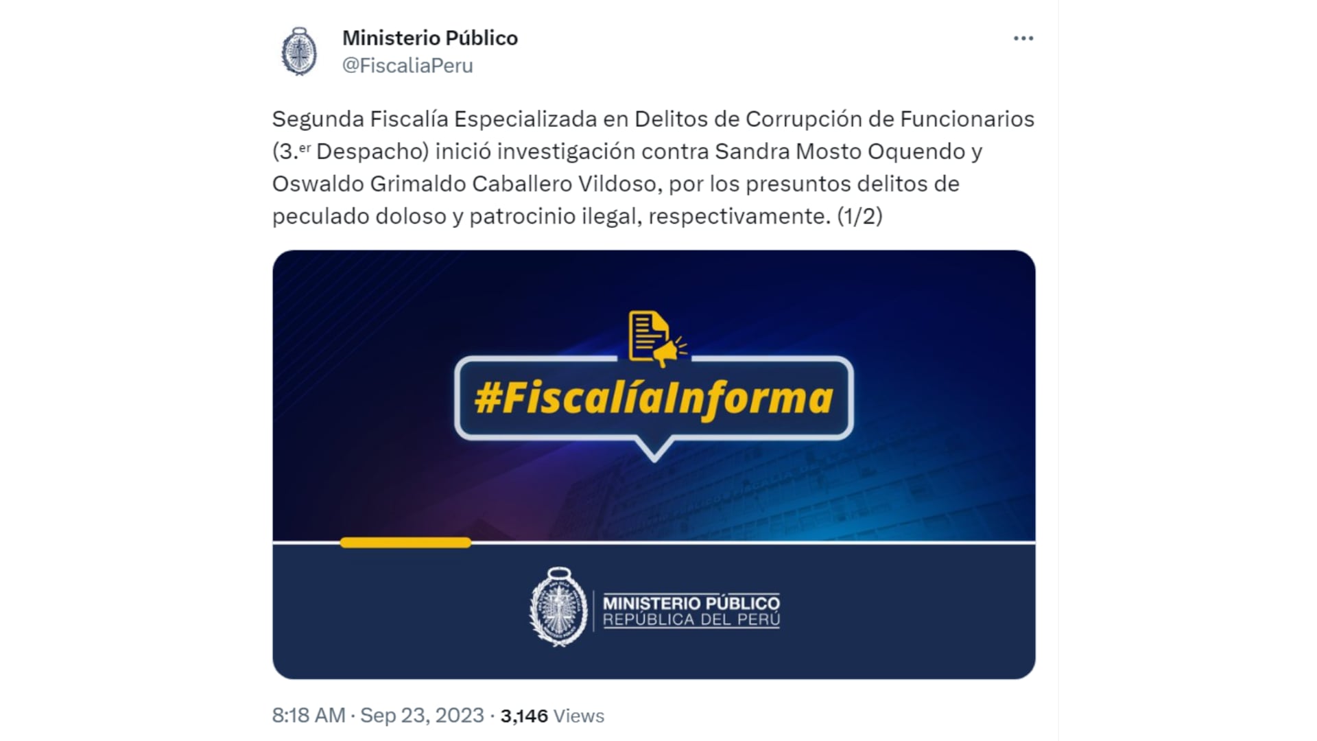 La Fiscalía de la Nación extendió la investigación contra el exfuncionario Oswaldo Grimaldo Caballero Vildoso| Ministerio Público (Twitter)