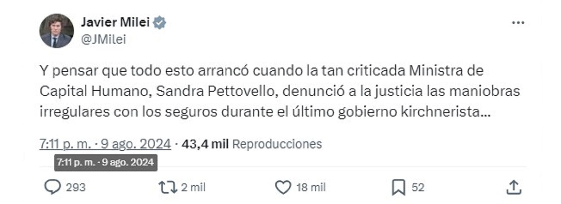 El tuit de Javier Milei