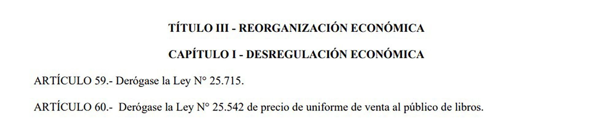 El artículo 60 de la "ley ómnibus" promueve la eliminación de la "Ley del Libro", en la que se establece un precio uniforme para la venta al público (Documento)