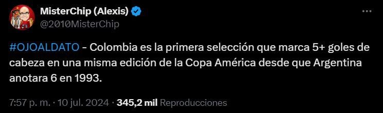 Colombia es el primer equipo en Copa América que marca cinco goles de cabeza - crédito @2010MisterChip/X