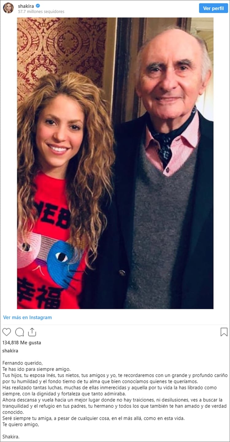 El posteo de Shakira en Instagram, despidiendo a Antonio de la Rúa