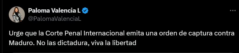 Paloma Valencia pide cárcel para Nicolás Maduro - crédito @PalomaValenciaL/X