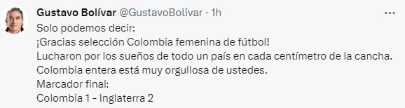 El mensaje de Gustavo Bolívar a la Selección Colombia Femenina.
Foto: Captura de Twitter