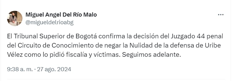 El abogado Miguel Ángel del Río celebró la decisión del Tribunal - crédito @migueldelrioabg/X