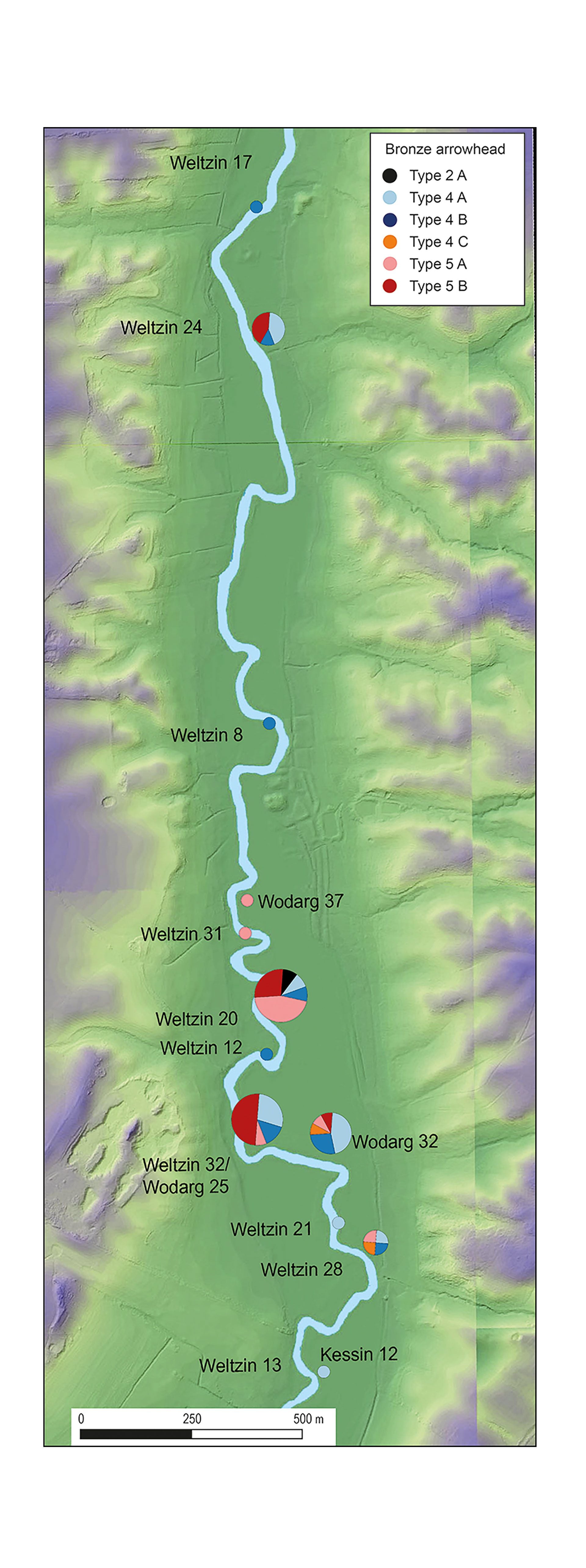 Frecuencia de puntas de flecha de bronce por tipo encontradas en diferentes lugares del valle de Tollense (mapa de Leif Inselmann; gráficos de Leif Inselmann y Thomas Terberger).