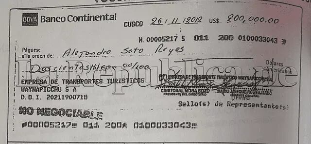 Primer cheque por US$200.000 del 26 de noviembre que probaría la estafa de Alejandro Soto contra Transportes Wayna Picchu. Foto: La República.