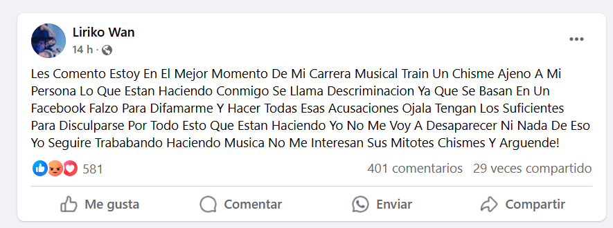 El cantante se deslinda de los hechos | Foto:  Facebook Liriko Wan