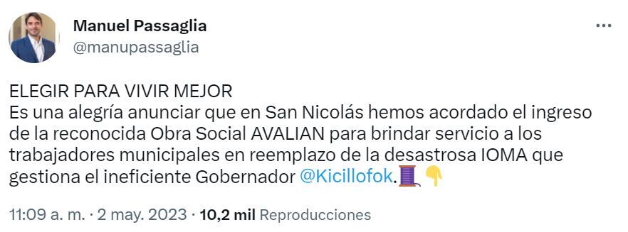 El intendente de San Nicolás hizo el anuncio en su cuenta de Twitter 