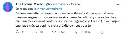 Respuesta de una internauta a Manuel Medrano por cuenta de sus afirmaciones sobre el género urbano y J Balvin. @manuelmedrano/Twitter