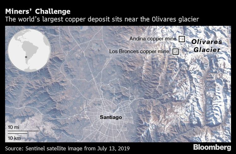 La ubicación de las minas Andina y Los Bronces, a unos 65 kilómetros de Santiago (Bloomberg)