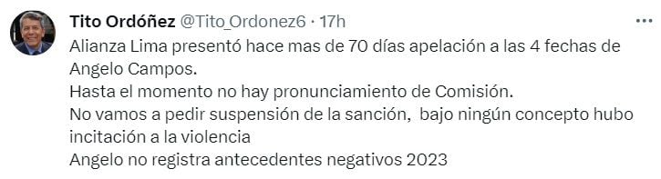 'Tito' Ordóñez y su explicación a la apelación de Alianza Lima por la sanción a Ángelo Campos.