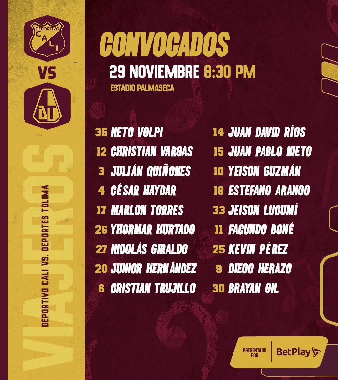 Estos son los 18 jugadores convocados por David González para el partido contra Deportivo Cali - crédito Deportes Tolima