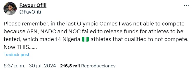 Ofili: "Recuerden, en los últimos Juegos Olímpicos no pude competir porque AFN, NADC (Comité Anti-Doping Nacional de Nigeria) y NOC no liberaron fondos para que los atletas fueran evaluados, lo que hizo que 14 atletas de Nigeria que se clasificaron no pudieran competir. Ahora ESTO..."