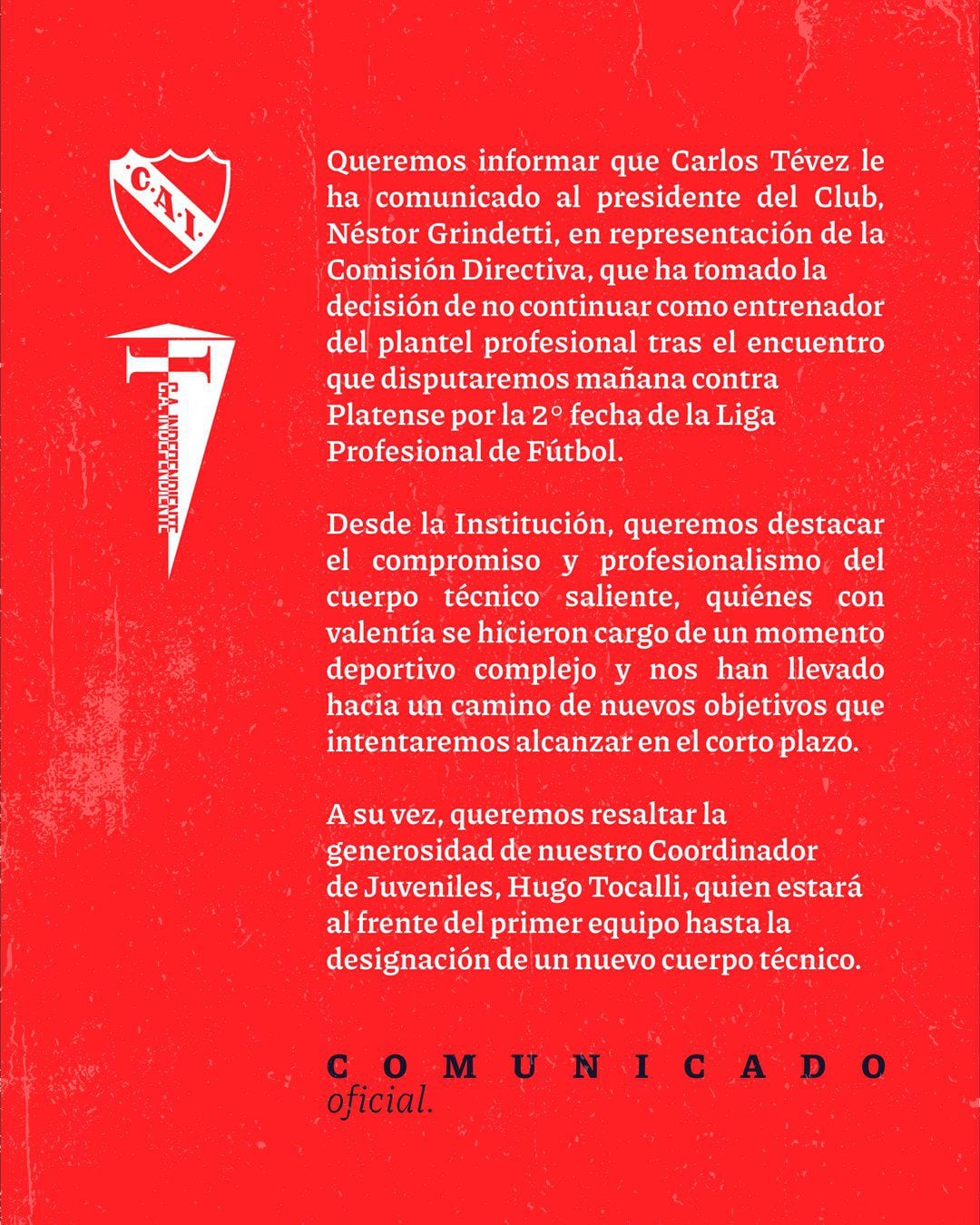 El comunicado de Independiente anunciando la salida de Carlos Tevez de la dirección técnica (@Independiente)