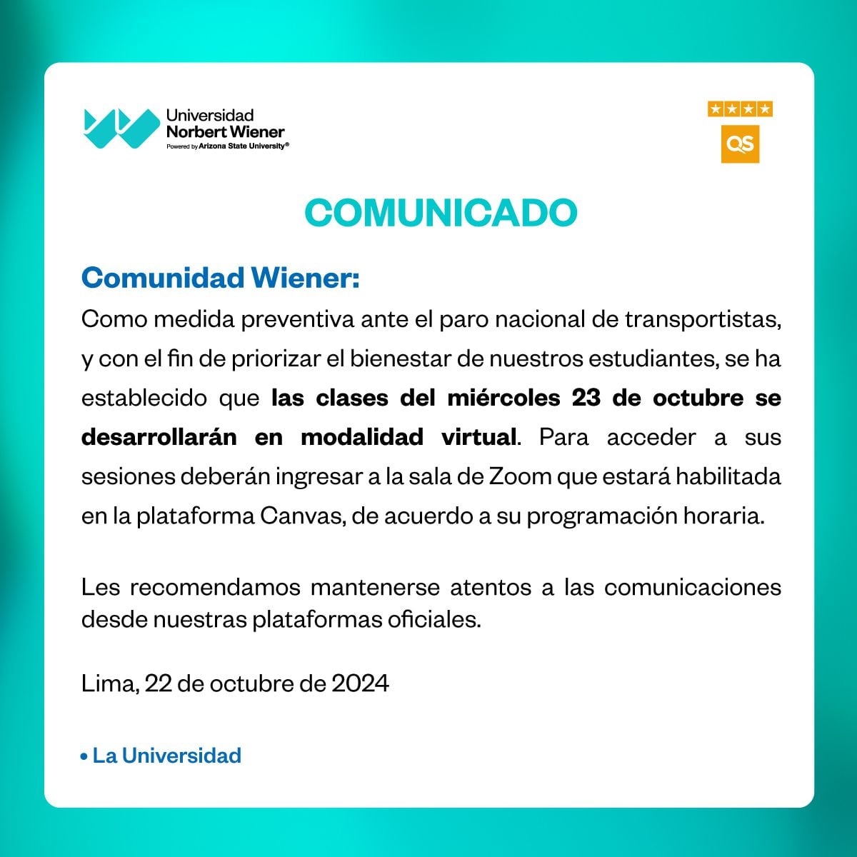 Comunicado de la U. Norbert Wiener.