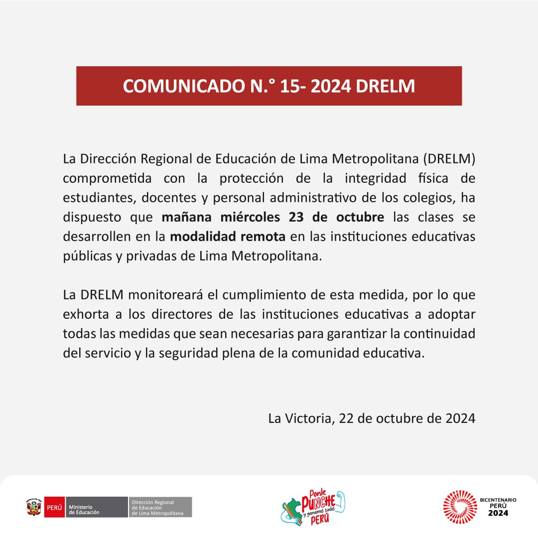 Dirección Regional de Educación de Lima Metropolitana emitió un comunicado aclarando la modalidad que se implementará en las instituciones educativas. | DRELM