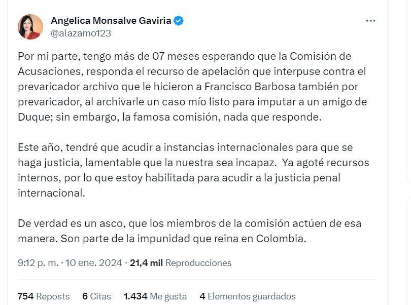 Angelica Monsalve también arremete en contra de Francisco Barbosa - crédito @alazamo123