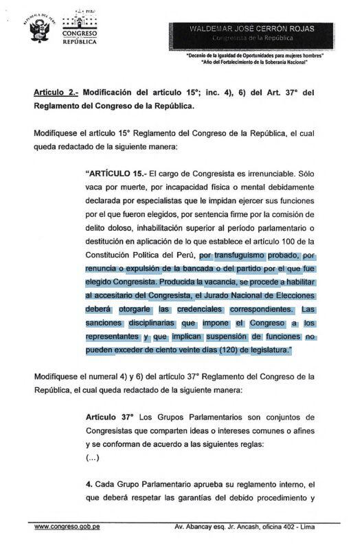 Proyecto del congresista Waldemar Cerrón para evitar el transfuguismo.